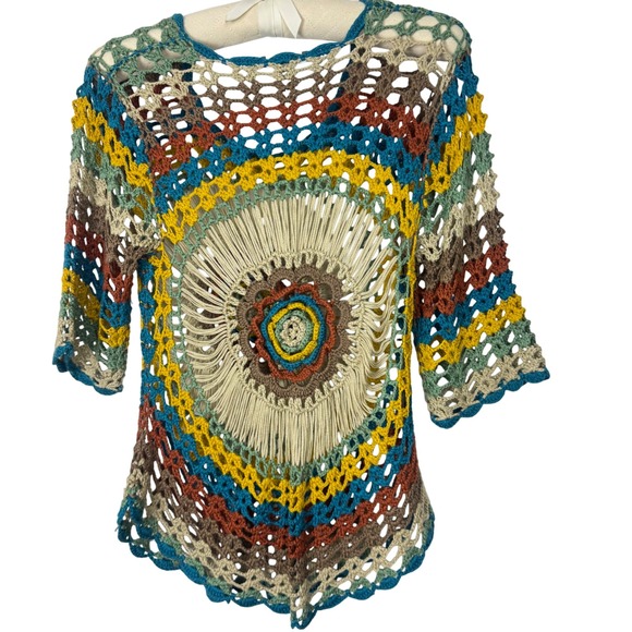 Roz & Ali Tops - Roz & Ali Crochet Knit Top S/M Boho Hippie Multicolor‎ Festival Tunic